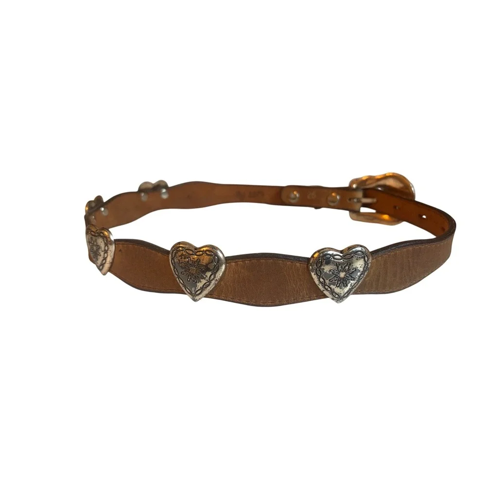 Vintage Western Tan Leather Scalloped Heart Concho Belt  display picture 3